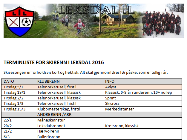 Terminliste for Skirenn i Leksdal 2016
