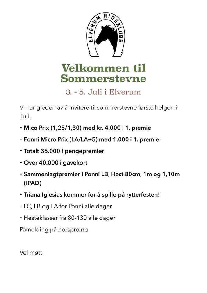 Elverum Rideklubb inviterer til sommerstevnet 3-5. Juli 2015