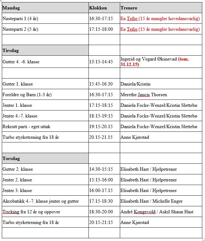 Timeplan turngruppa høsten 2015
