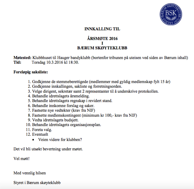 Endelig innkalling årsmøte 2016